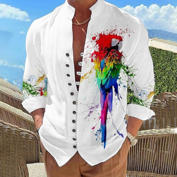 Men's Printed Stand Collar Short Sleeve Button Shirt