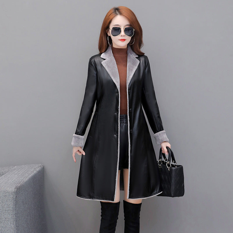 Thin Plus Velvet Thick Pu Leather Trench Coat