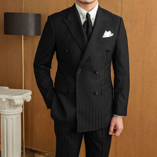 Handsome Man Versatile Black Striped Double Breasted Suit