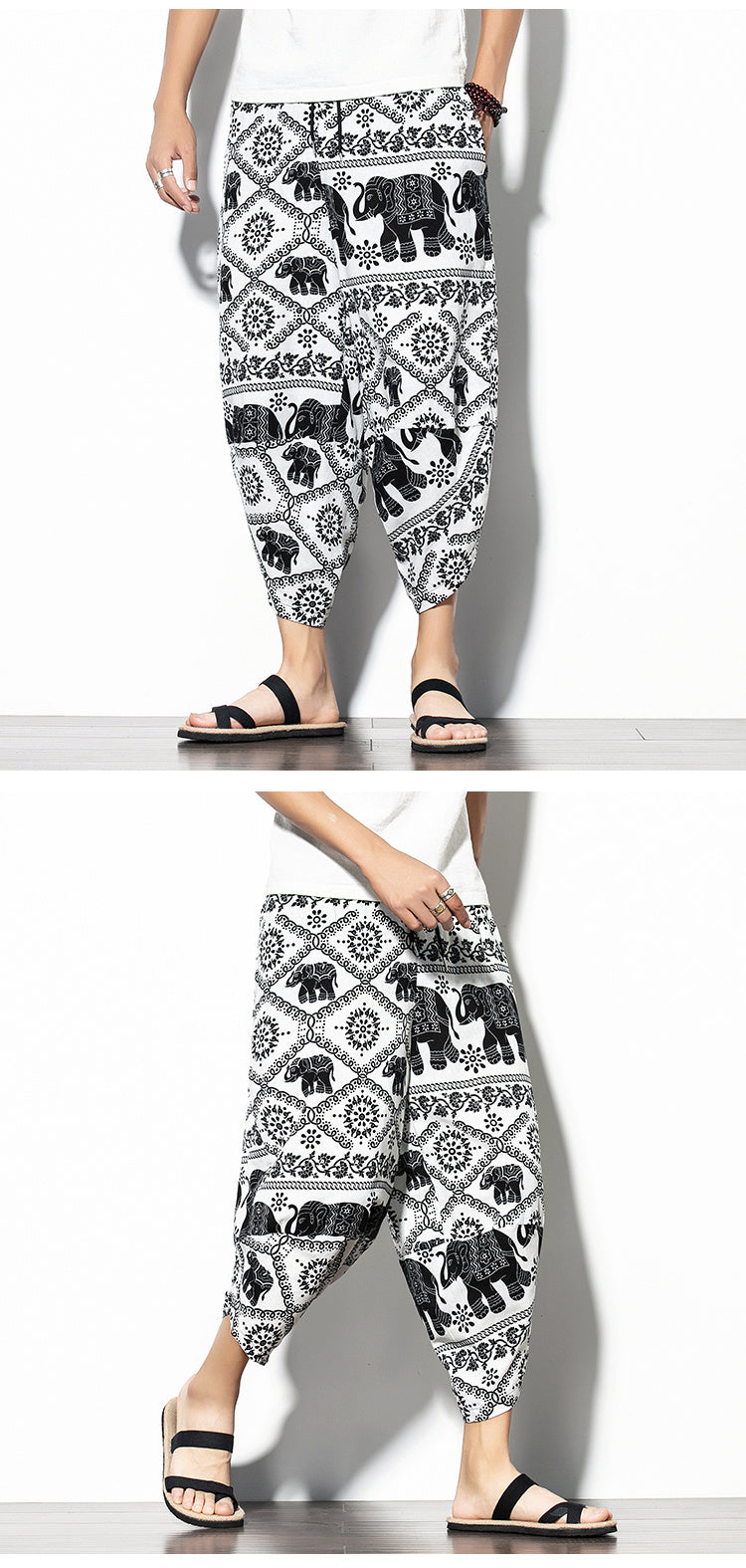 Printed Pants Baggy Cotton And Linen Loose Casual Cropped Pants