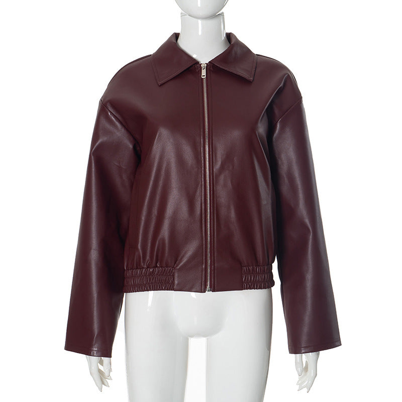 Women's Retro Lapels Zip Leather Jacket