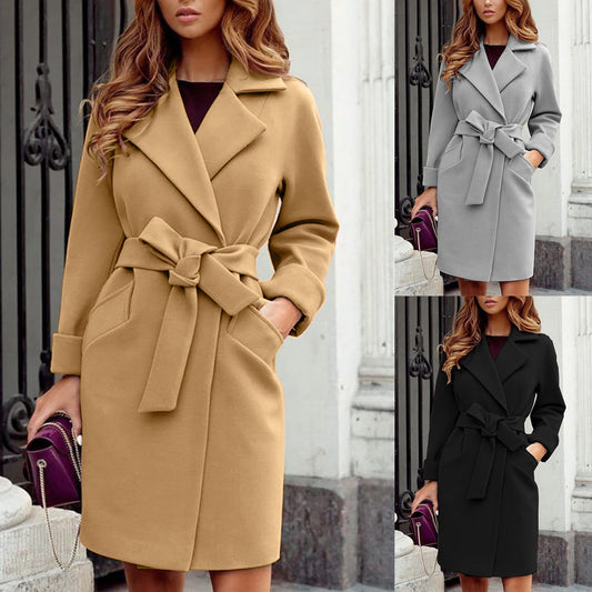 Fashion Slim Belt Lapel Woolen Jacket