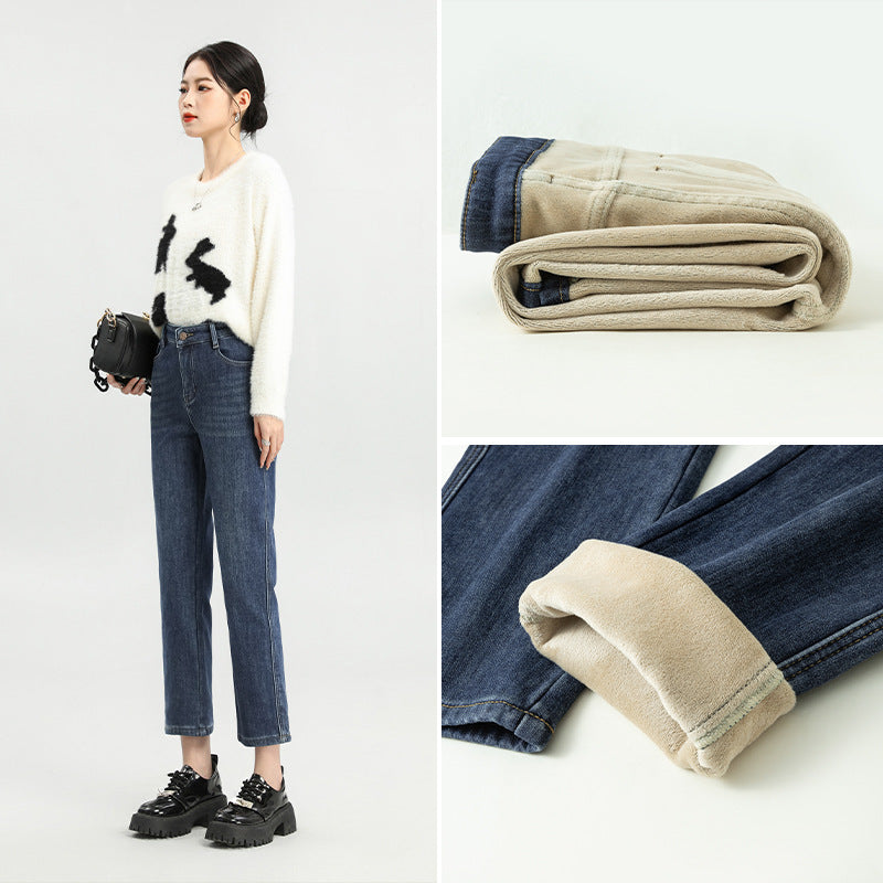 Fleece-lined Thick Cropped Jeans For Women