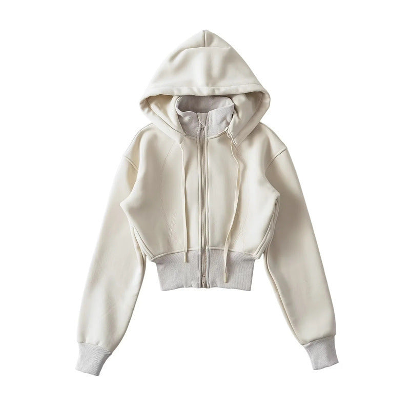 European And American Style Fleece-lined Waist Stand Collar Detachable Hooded Zipper Sweatshirt