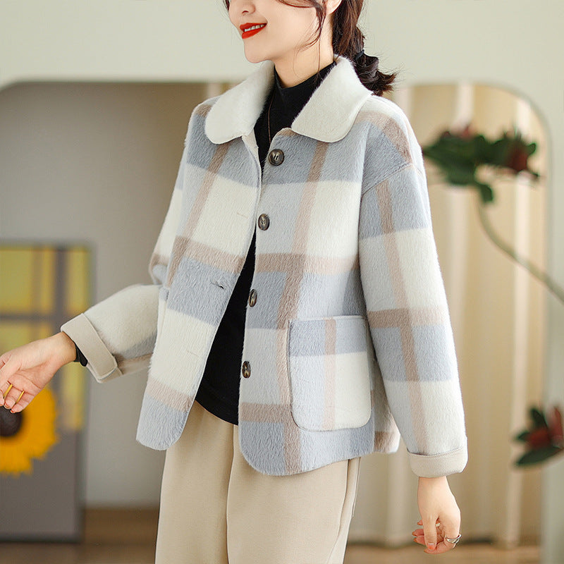 Plaid Fur Integrated Woolen Mink Velvet Coat