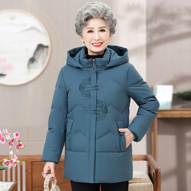 Middle-aged And Elderly Women's Dress White Duck Down Loose Warm Hooded Jacket