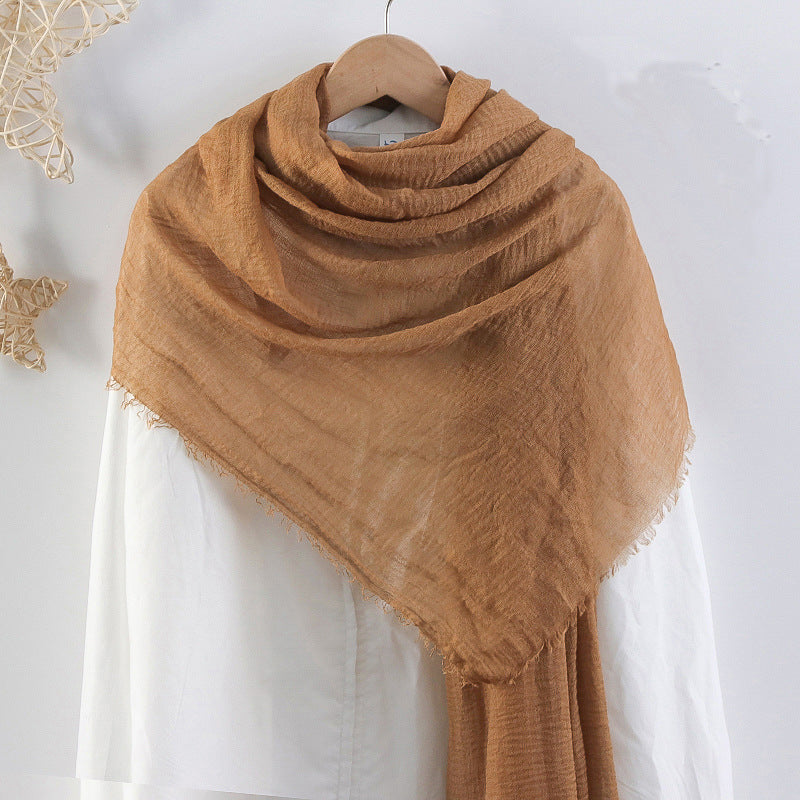 Solid Color Pleated Cotton And Linen Scarf Monochrome Women's Hair Towel Crumpled Burrs