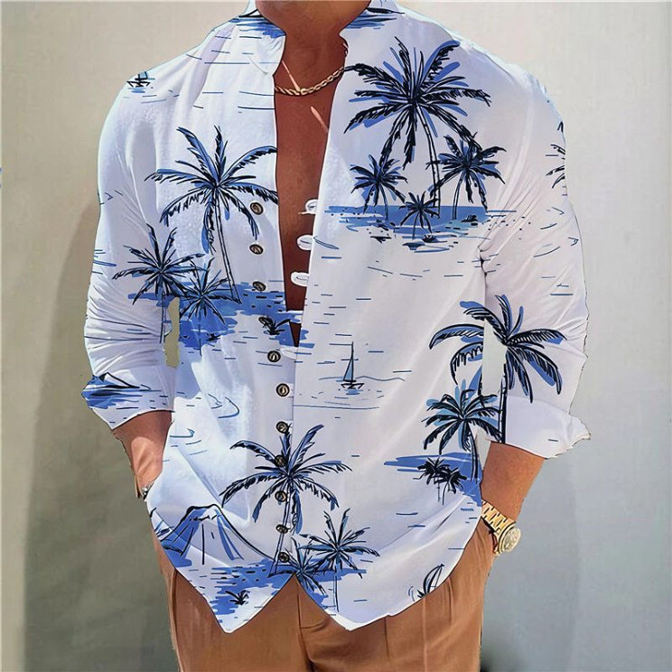 Men's Printed Stand Collar Short Sleeve Button Shirt