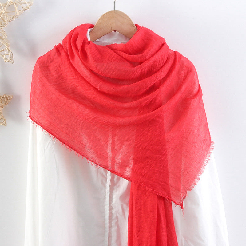 Solid Color Pleated Cotton And Linen Scarf Monochrome Women's Hair Towel Crumpled Burrs