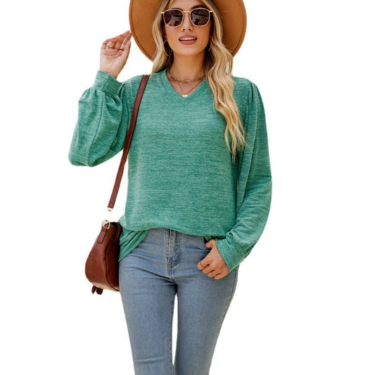 Loose Casual Puff Sleeve V-neck Long Sleeve Top Women