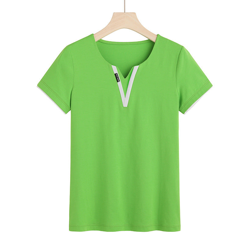 Early Spring And Summer Short-sleeved Undershirt V-neck Patchwork Fashion