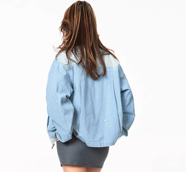 Splash Ink Color Effect Collar Washed Denim Jacket Coat