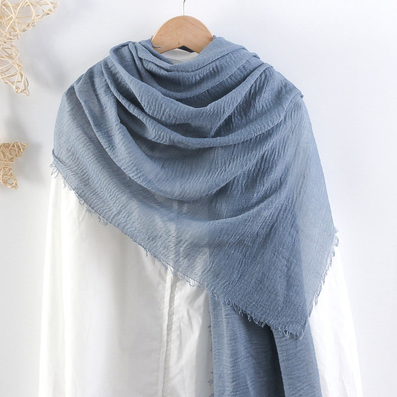 Solid Color Pleated Cotton And Linen Scarf Monochrome Women's Hair Towel Crumpled Burrs