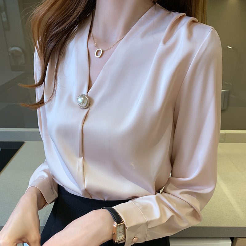 V-neck Chic Long-sleeve Blouse For Women Spring