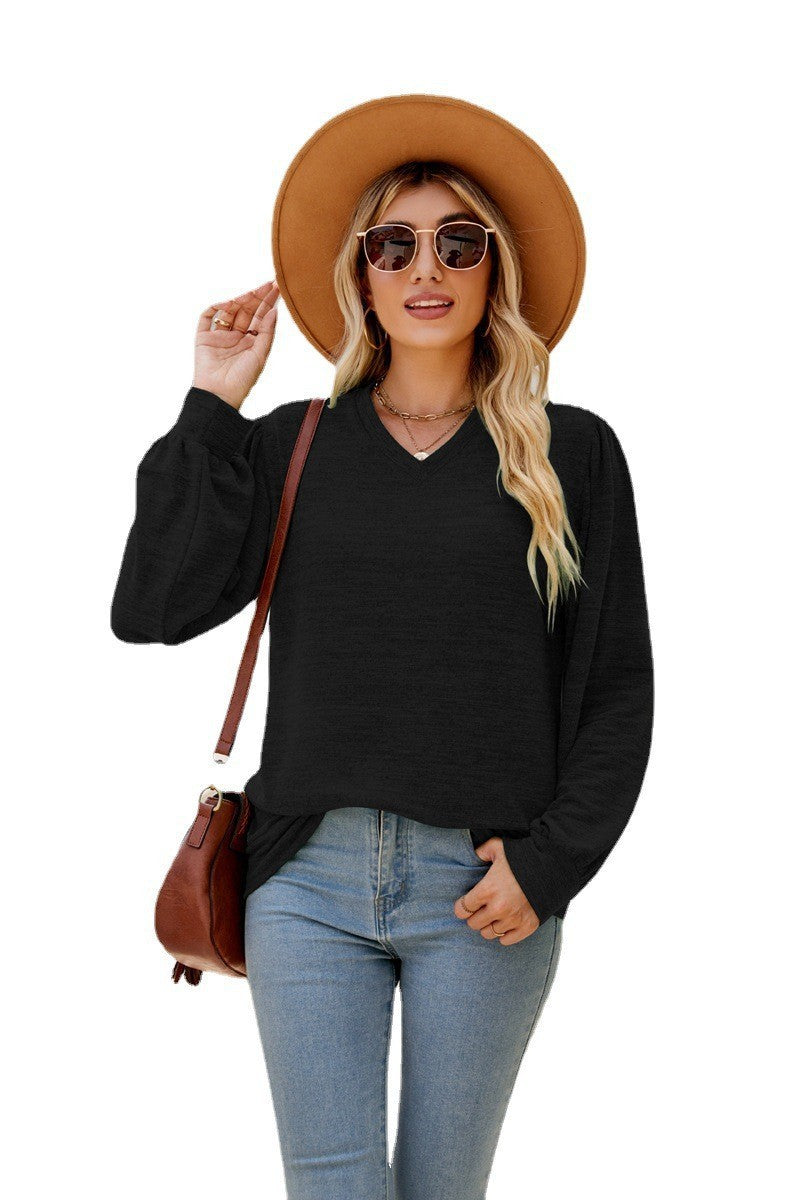 Loose Casual Puff Sleeve V-neck Long Sleeve Top Women