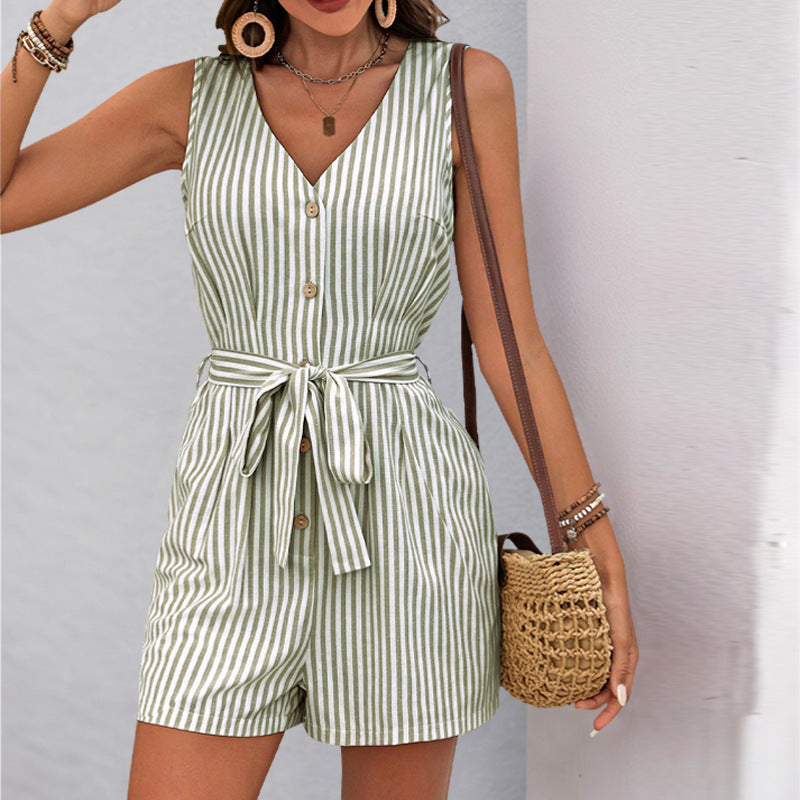 Fashion Jumpsuit V-neck Sleeveless Striped