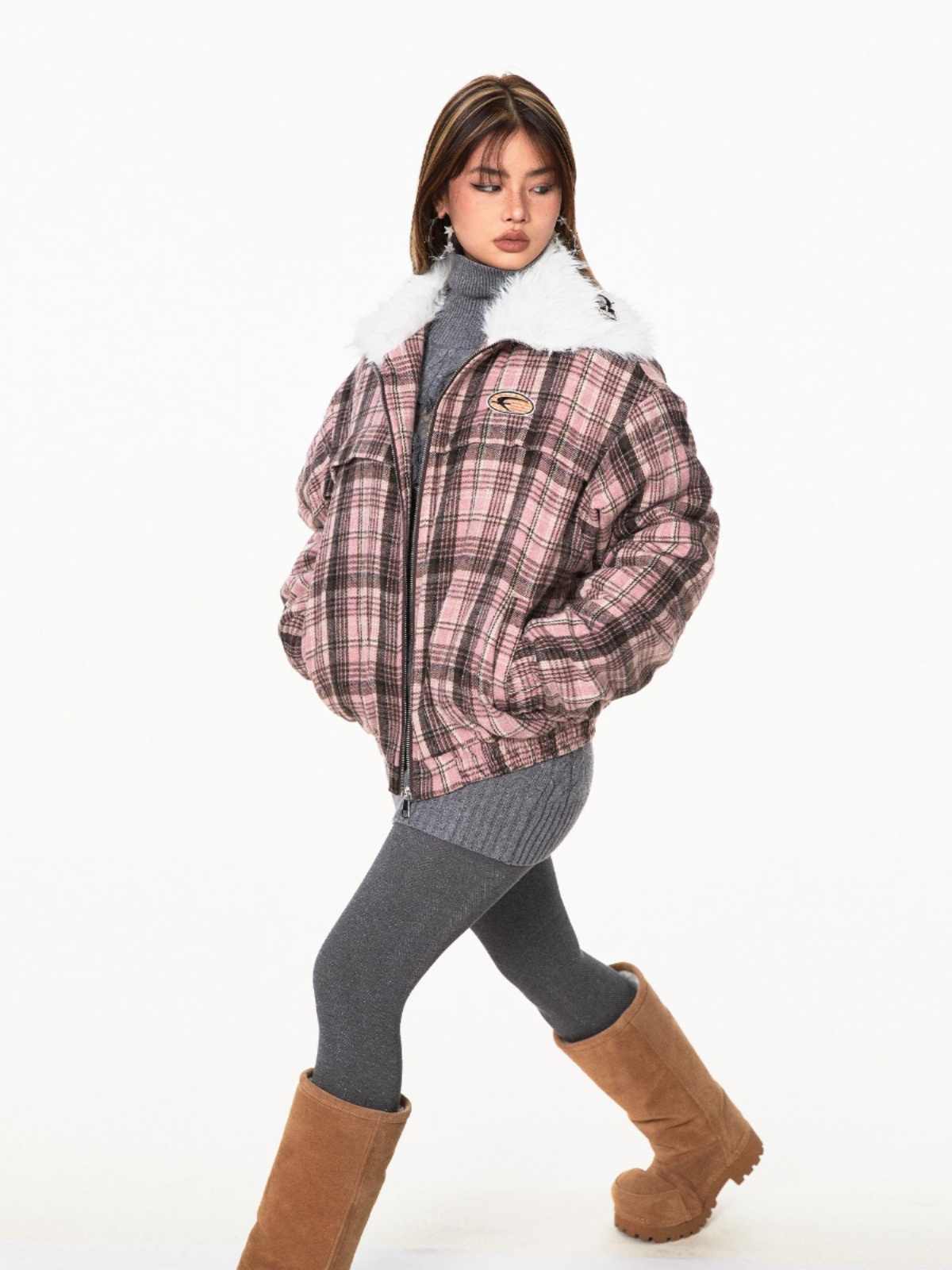 Retro Plaid Fur Collar Age-reducing Gray Loose All-match Design Cotton-padded Coat