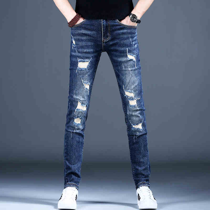 Ripped Fleece Padded Jeans Men's Stretch Casual Slim-fit Pants