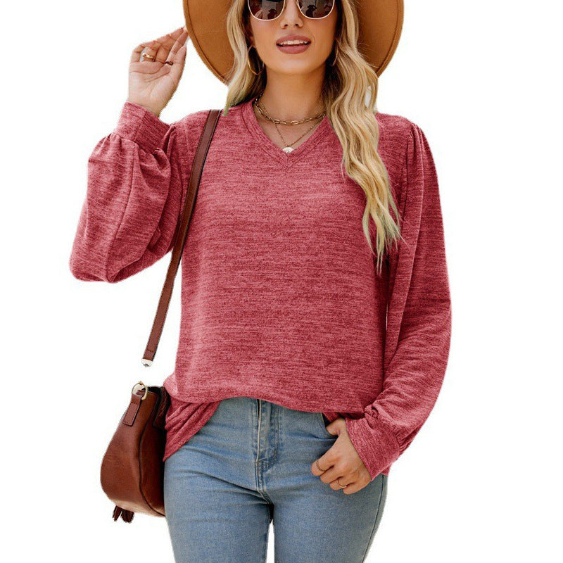 Loose Casual Puff Sleeve V-neck Long Sleeve Top Women