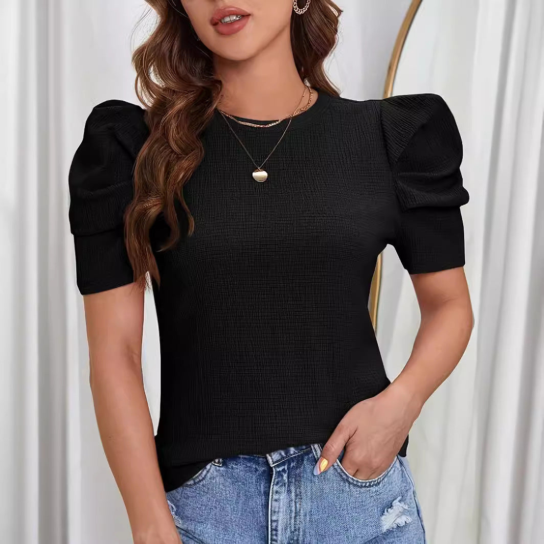 Casual Solid Color Puff Sleeve Solid Round Neck T-shirt