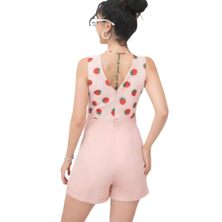 Women's Cute Fashion V-neck Strawberry Mesh Stitching One-piece