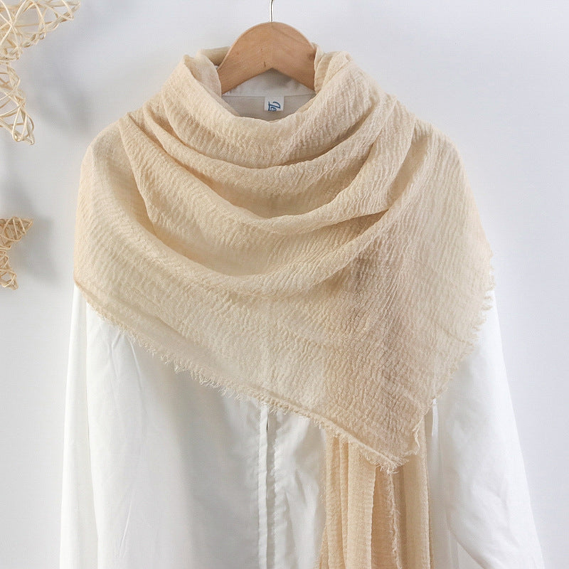 Solid Color Pleated Cotton And Linen Scarf Monochrome Women's Hair Towel Crumpled Burrs