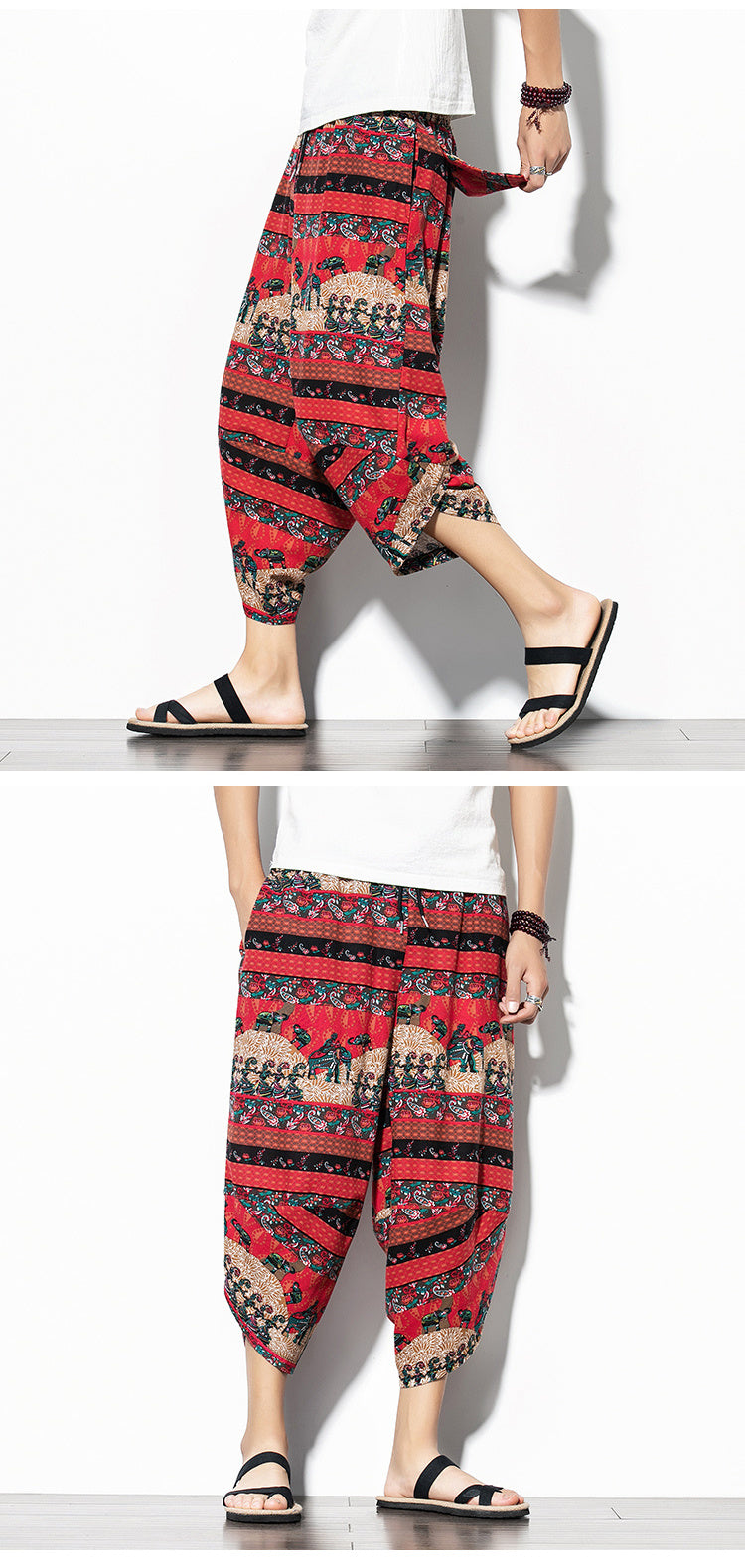 Printed Pants Baggy Cotton And Linen Loose Casual Cropped Pants