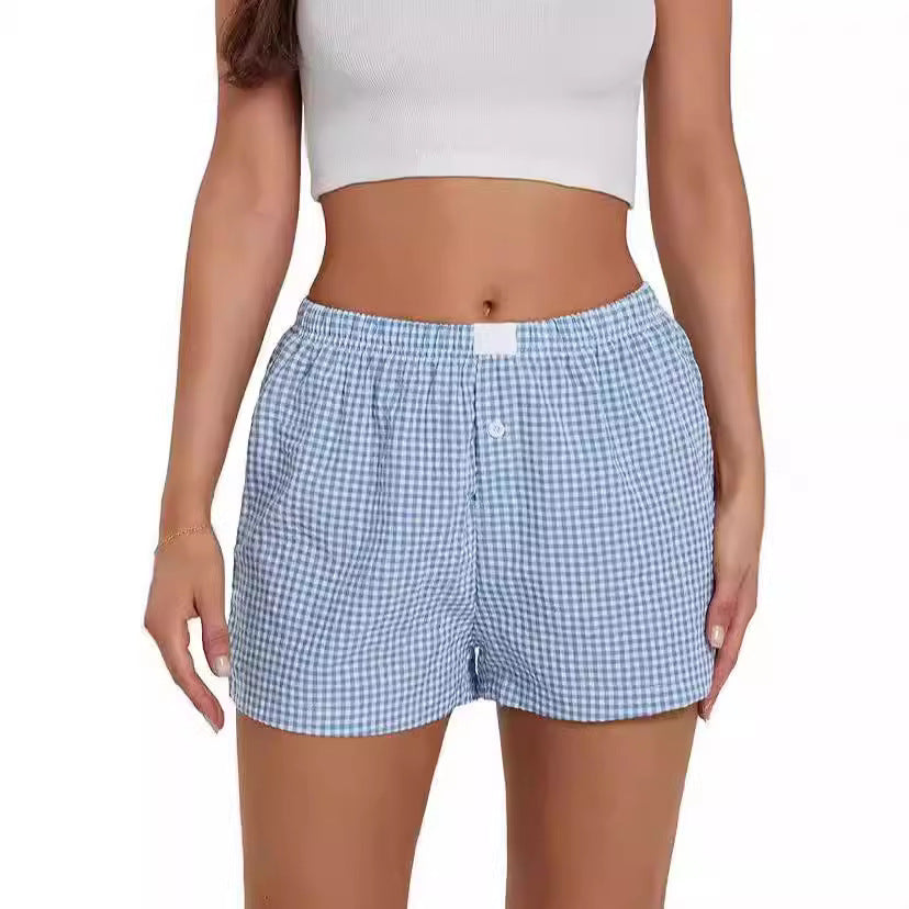 Vacation Simple Plaid Beach Shorts Women's Loose Casual Pants