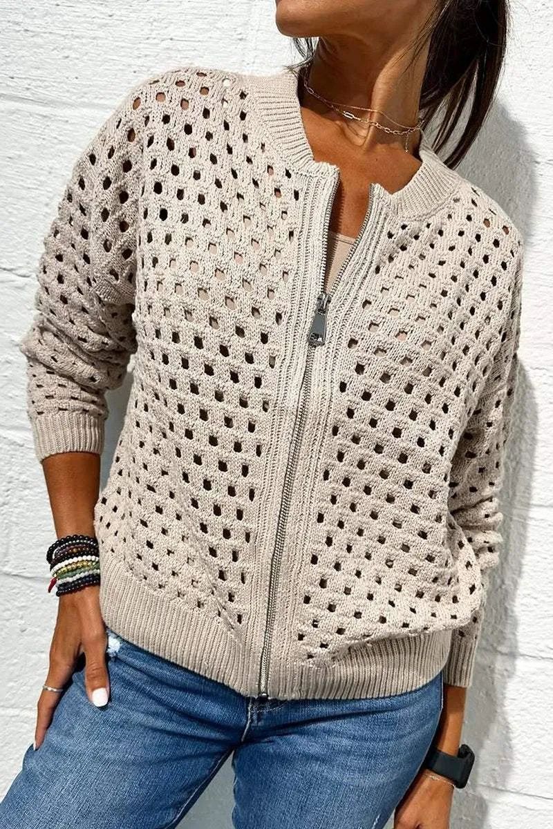 European And American Leisure Hollow Knitted Zipper Jacket Women's Coat