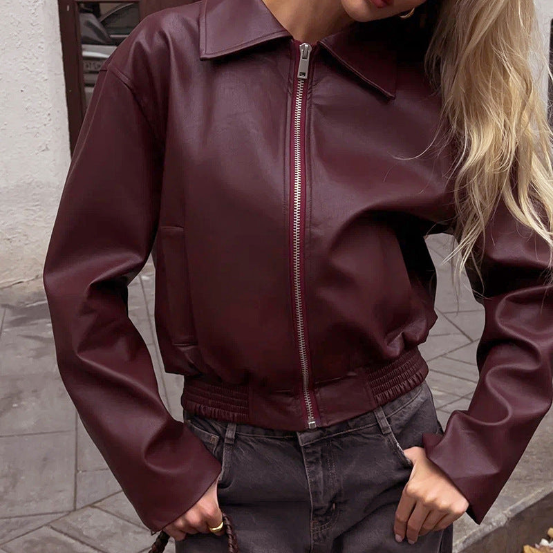 Women's Retro Lapels Zip Leather Jacket