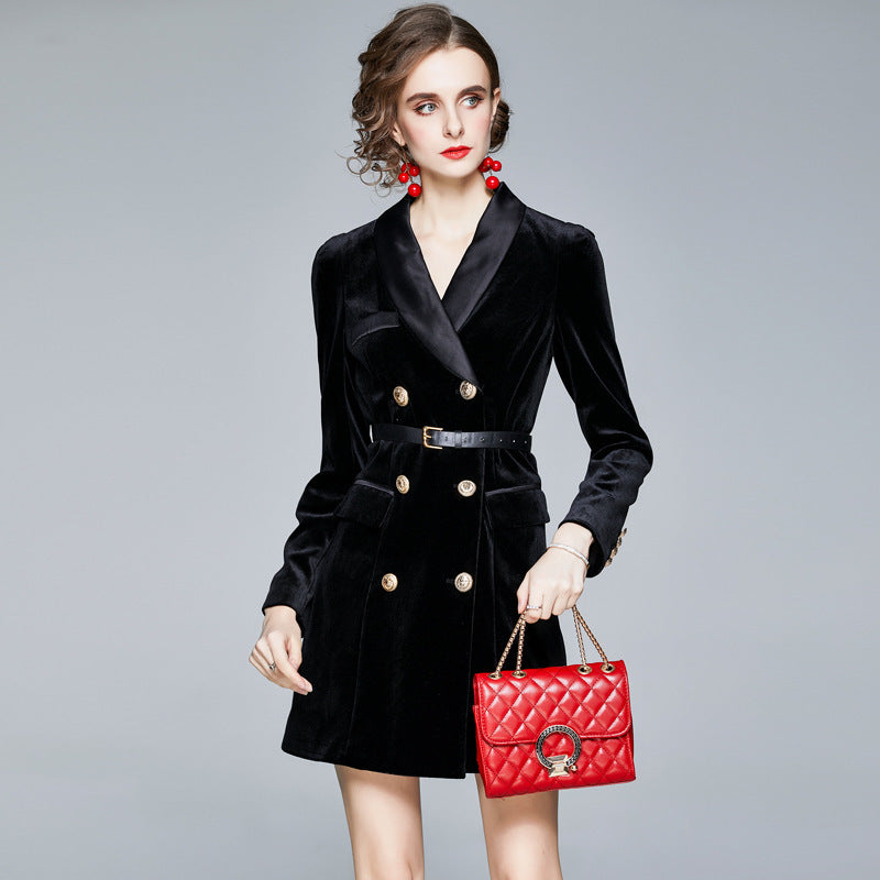 Women's Panelled Suit Collar Long Sleeve Double Breasted Gold Velvet Trench Coat