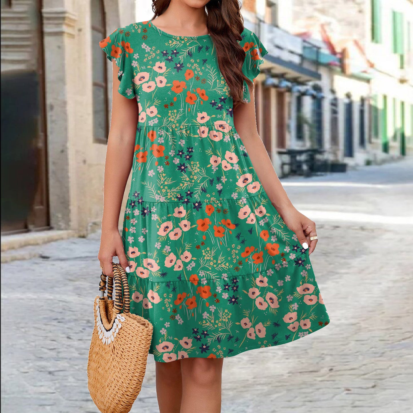 Ruffle Sleeve Dress Summer Loose Flower Print Beach Dresses Sweet Skirt Women