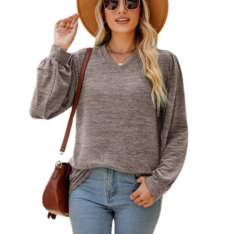 Loose Casual Puff Sleeve V-neck Long Sleeve Top Women