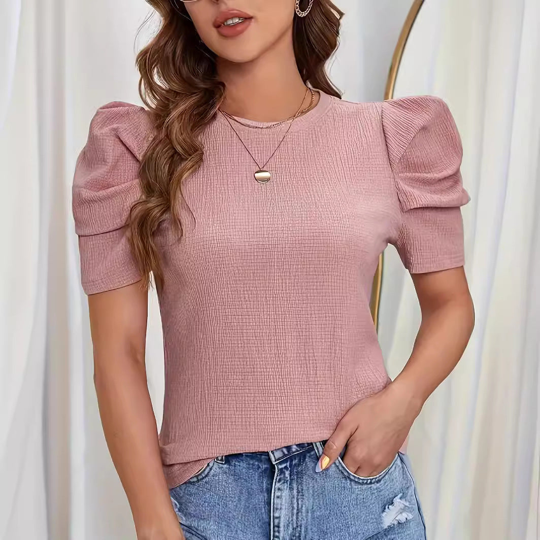 Casual Solid Color Puff Sleeve Solid Round Neck T-shirt