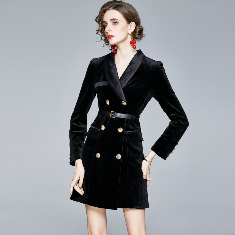 Women's Panelled Suit Collar Long Sleeve Double Breasted Gold Velvet Trench Coat