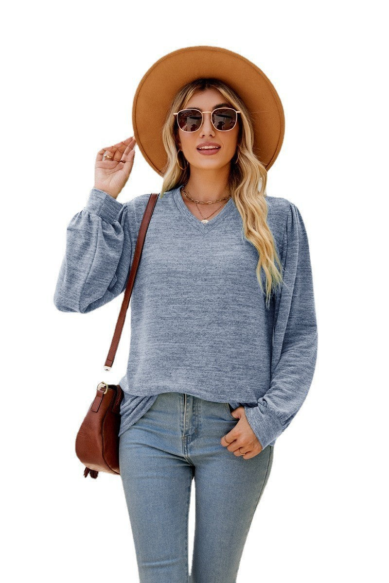 Loose Casual Puff Sleeve V-neck Long Sleeve Top Women