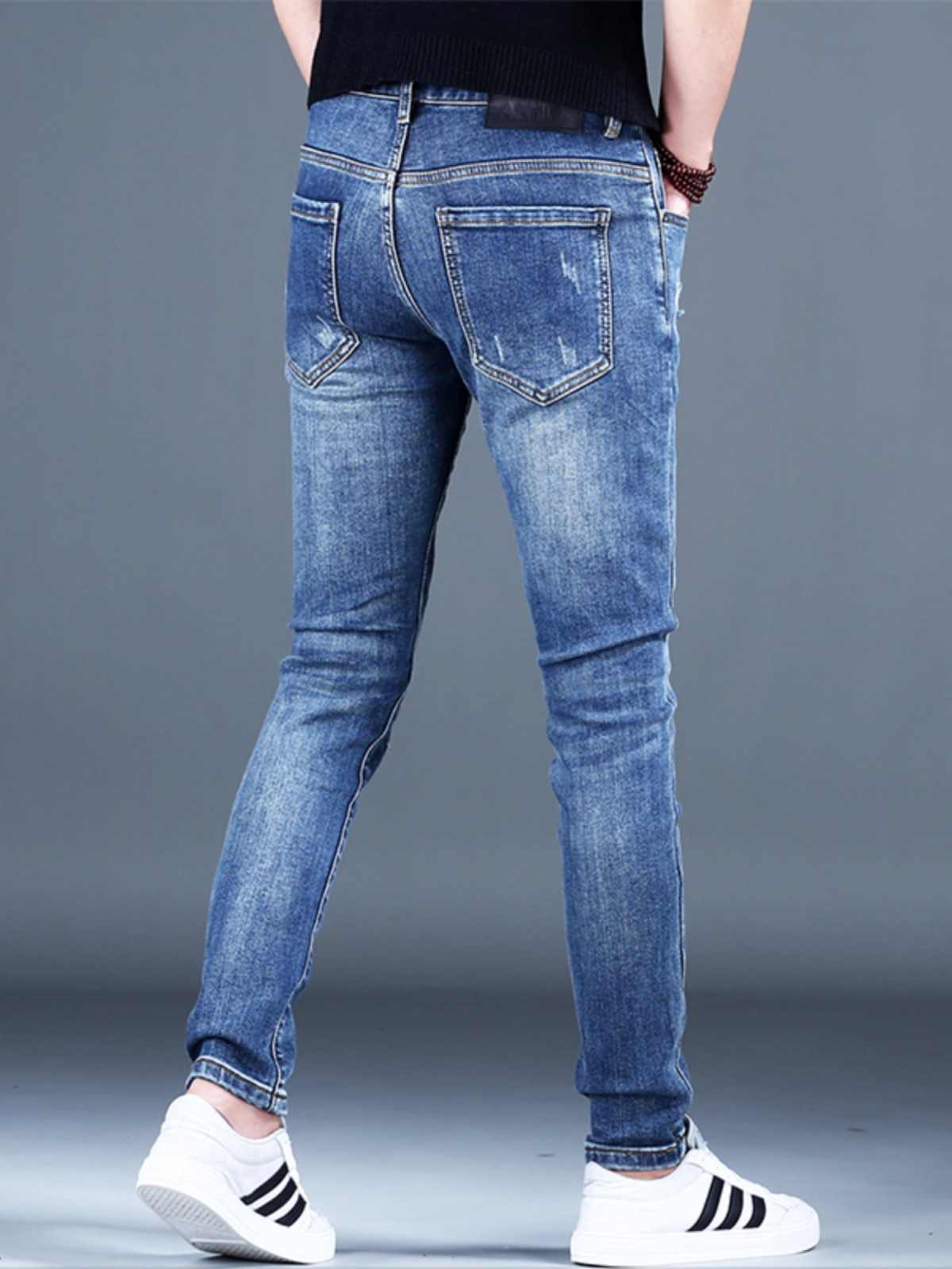 Ripped Fleece Padded Jeans Men's Stretch Casual Slim-fit Pants