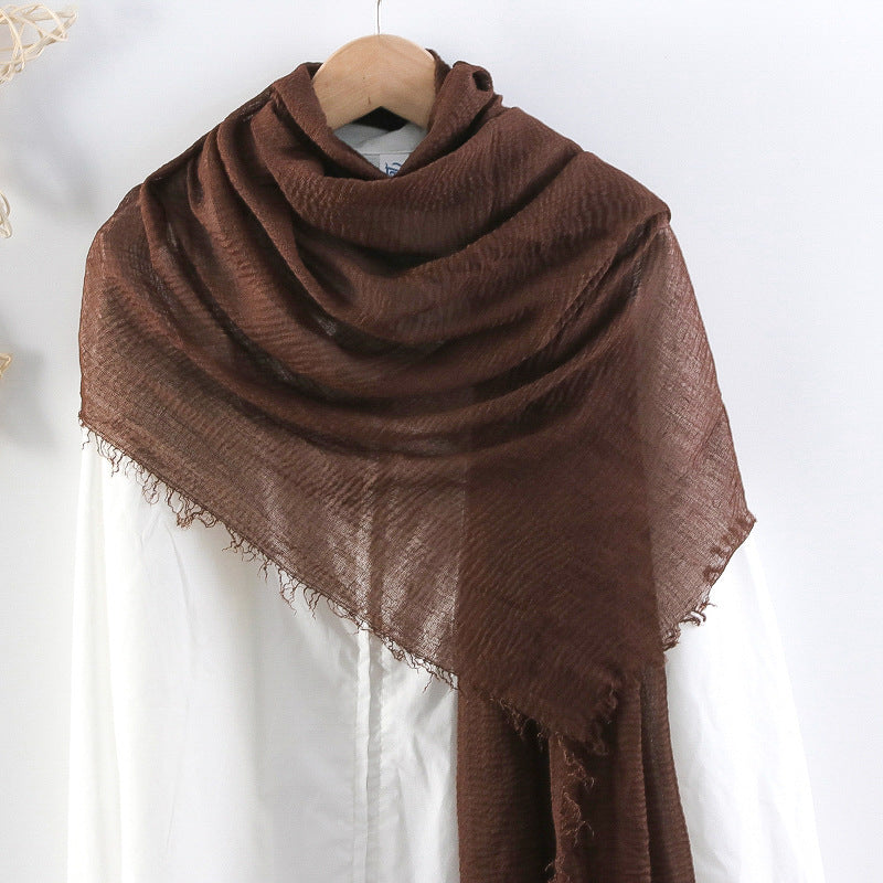 Solid Color Pleated Cotton And Linen Scarf Monochrome Women's Hair Towel Crumpled Burrs