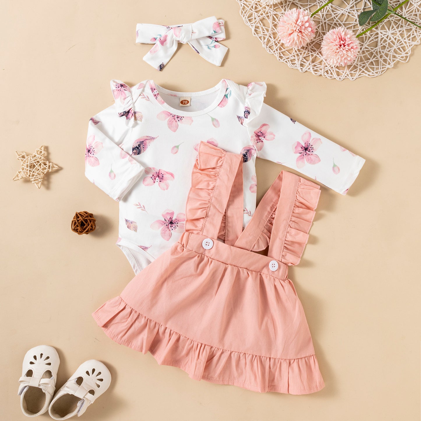 Printed Long-sleeved Baby Girl Romper Two-color Strap Ruffled Dress Headdress Three Pieces