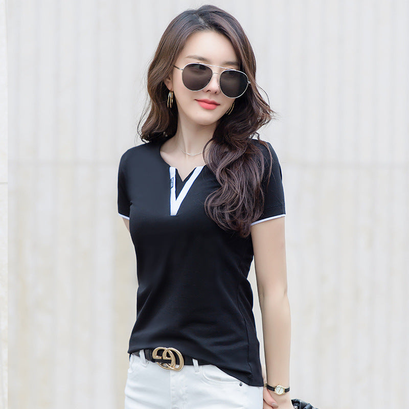 Early Spring And Summer Short-sleeved Undershirt V-neck Patchwork Fashion