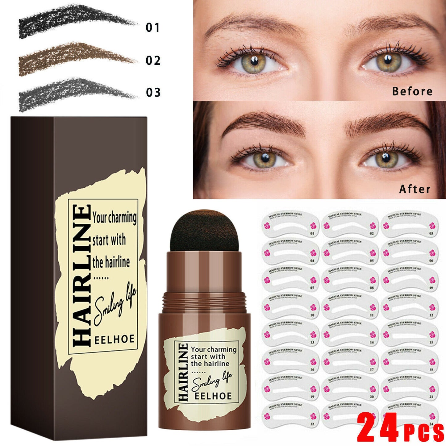 Eyebrow Stamp Stencil Kit, 24 Pc Eyebrow Shaping Stencils, Long-lasting Eyebrow Brow Definer, Perfect Make-up Reusable Kit