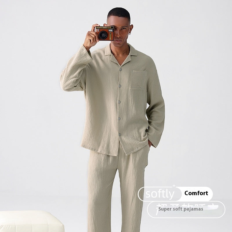 Woven Gauze Pajamas Men's Spring And Autumn Thin Homewear Suit