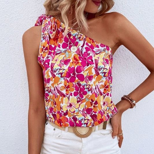 Holidaya Allover Floral Print Knot One Shoulder Blouse